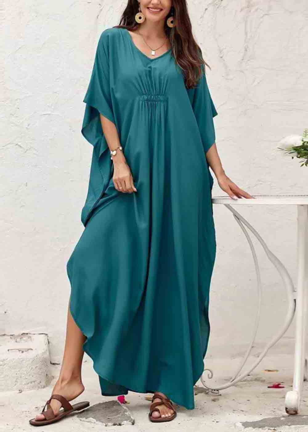 Tea Green Oversized Cotton Dress Batwing Sleeve