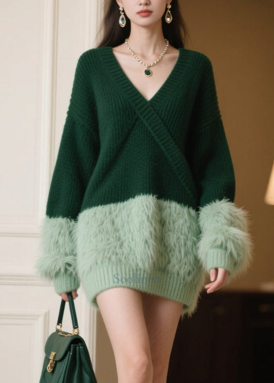 Tea Green Oversized Patchwork Knitwear Dress Winter