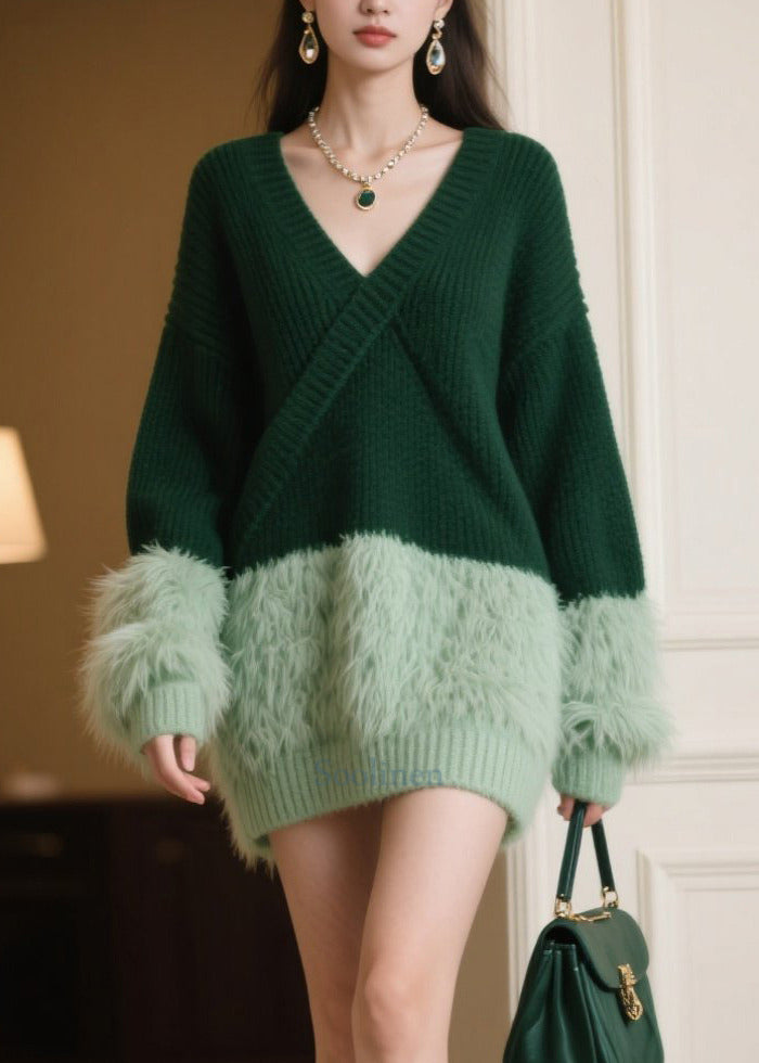 Tea Green Oversized Patchwork Knitwear Dress Winter