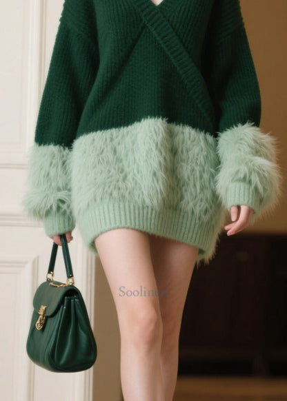 Tea Green Oversized Patchwork Knitwear Dress Winter