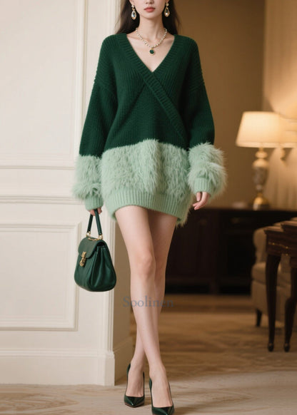 Tea Green Oversized Patchwork Knitwear Dress Winter