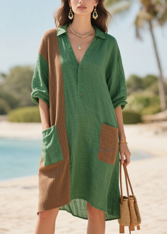 Tea Green Oversized Patchwork Pockets Cotton Mid Dresses Summer