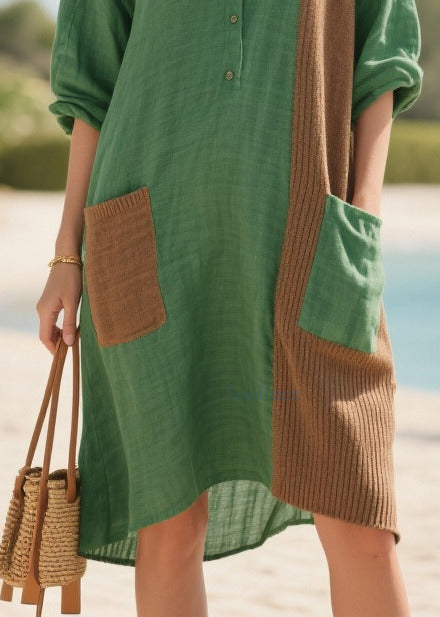 Tea Green Oversized Patchwork Pockets Cotton Mid Dresses Summer