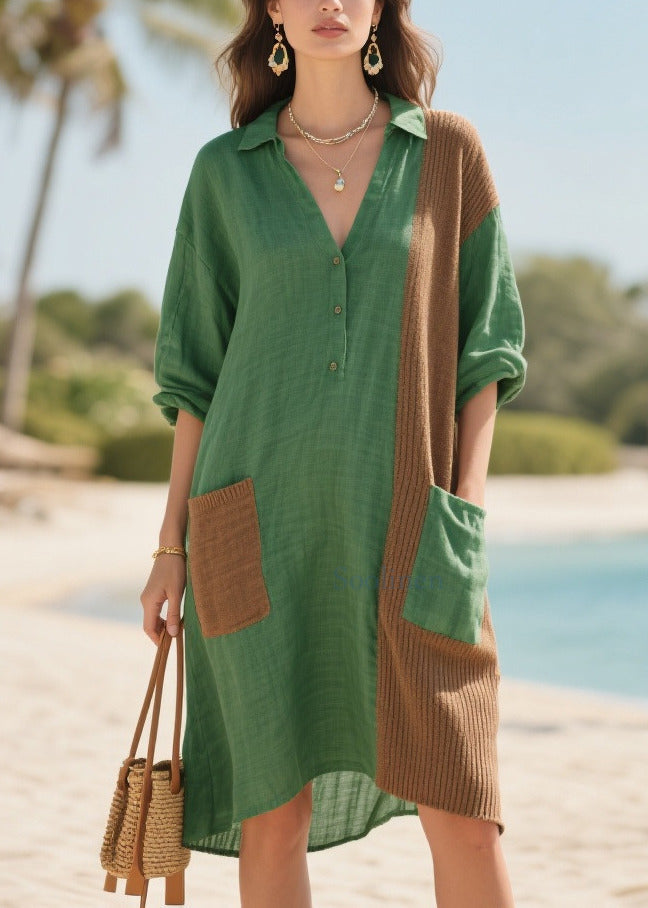 Tea Green Oversized Patchwork Pockets Cotton Mid Dresses Summer