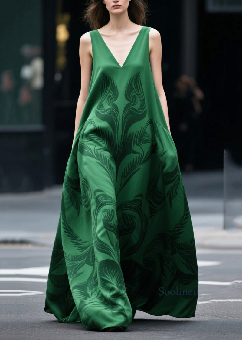 Tea Green Oversized Print Chiffon Holiday Dress Sleeveless