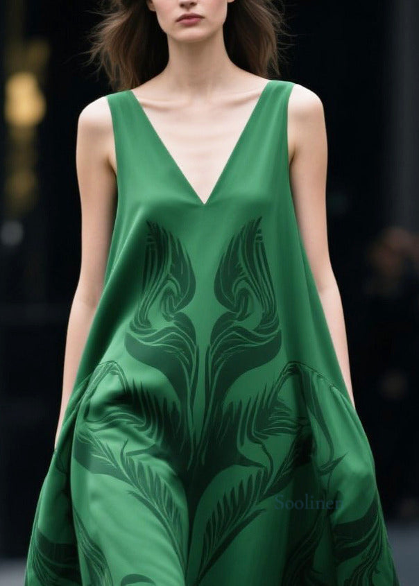 Tea Green Oversized Print Chiffon Holiday Dress Sleeveless