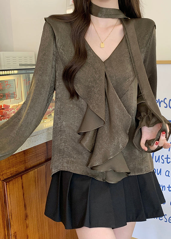 Plus Size Tea Green V Neck Ruffles Chiffon Tops Fall