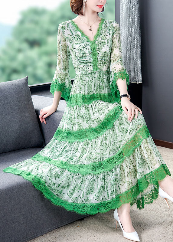 Unique Green V Neck Print Lace Dress Spring