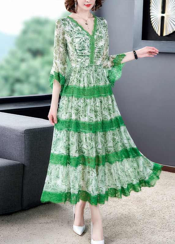 Unique Green V Neck Print Lace Dress Spring
