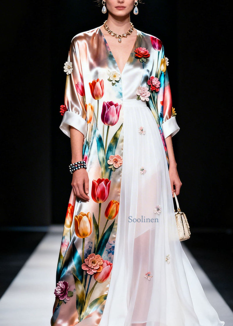 V Neck Asymmetrical Design Silk Dress Summer