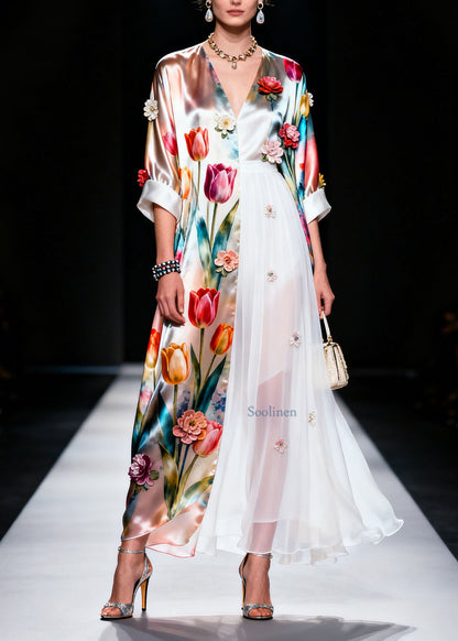 V Neck Asymmetrical Design Silk Dress Summer