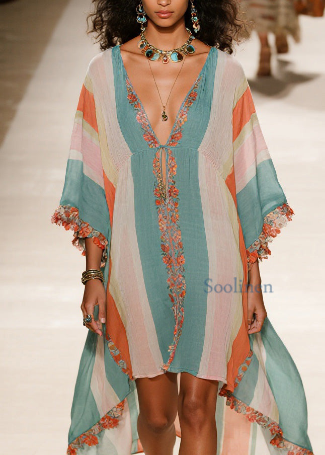 V Neck Asymmetrical Patchwork Cotton Dress Summer