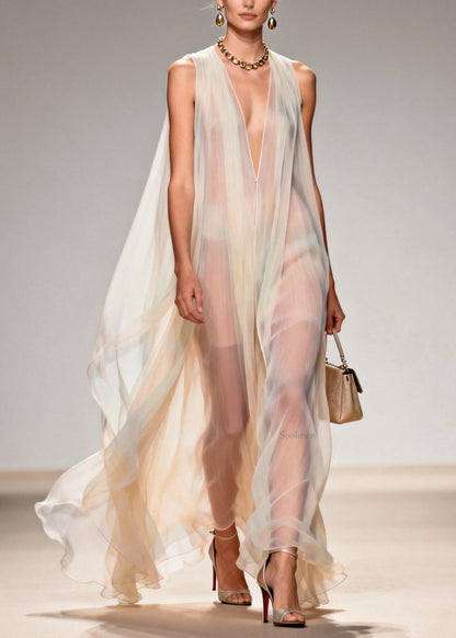 V Neck Chiffon Long Dresses Sleeveless