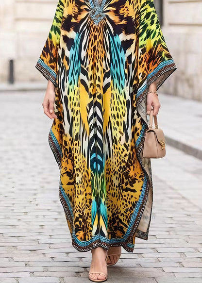 V Neck Leopard Print Chiffon Long Dress Summer