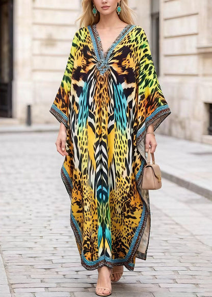 V Neck Leopard Print Chiffon Long Dress Summer