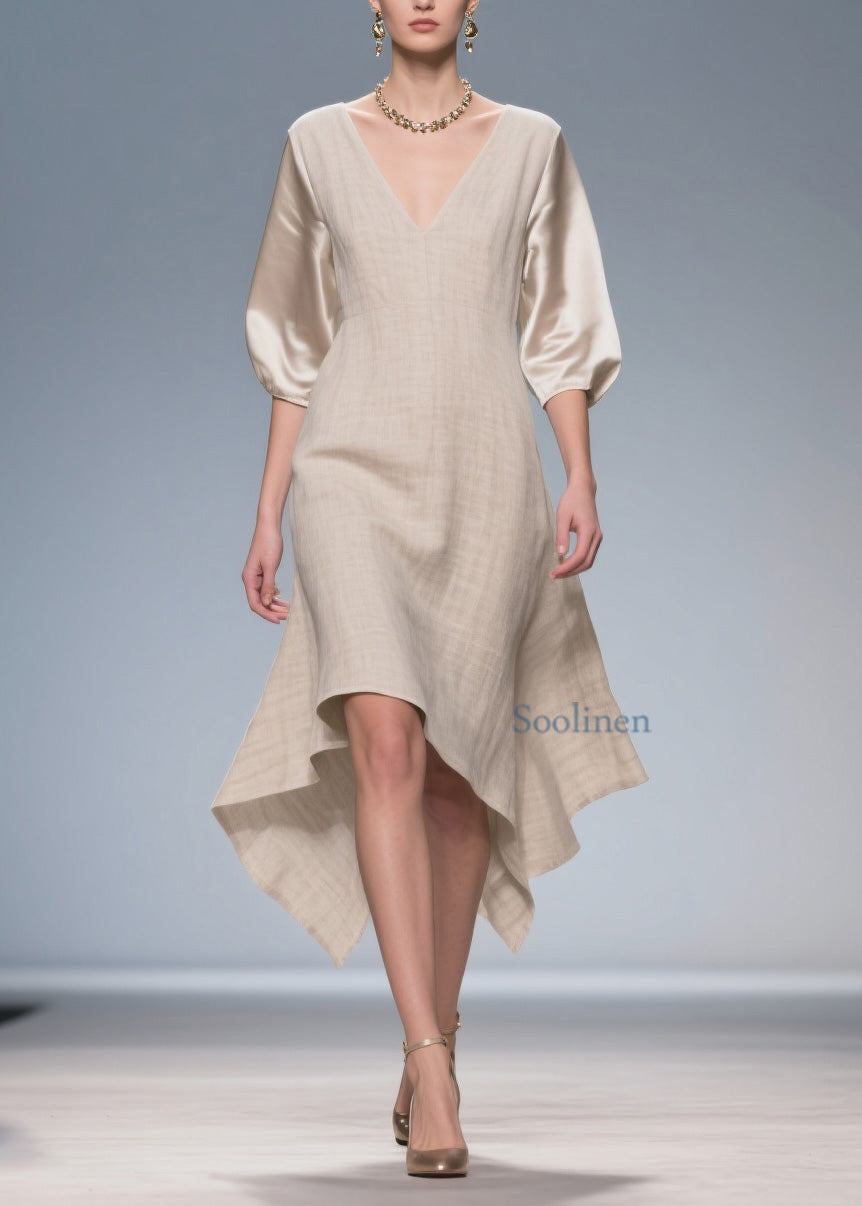 V Neck Patchwork Linen Silk Dress Summer