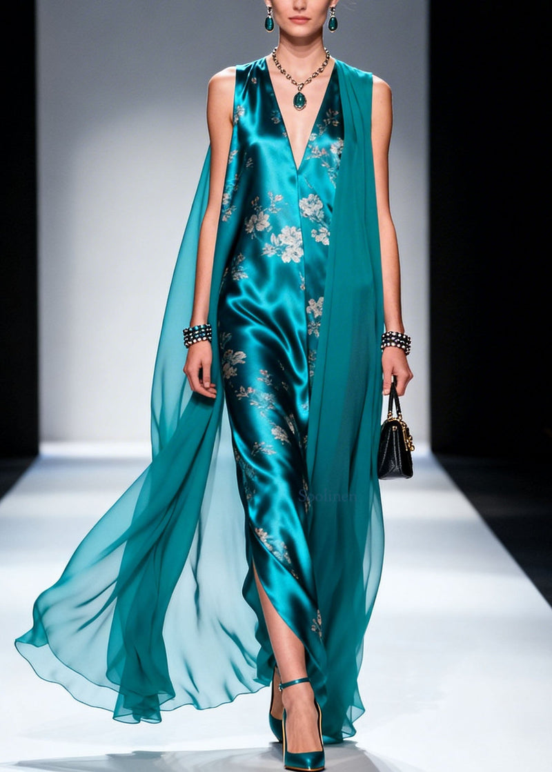 V Neck Patchwork Print Silk Dress Sleeveless