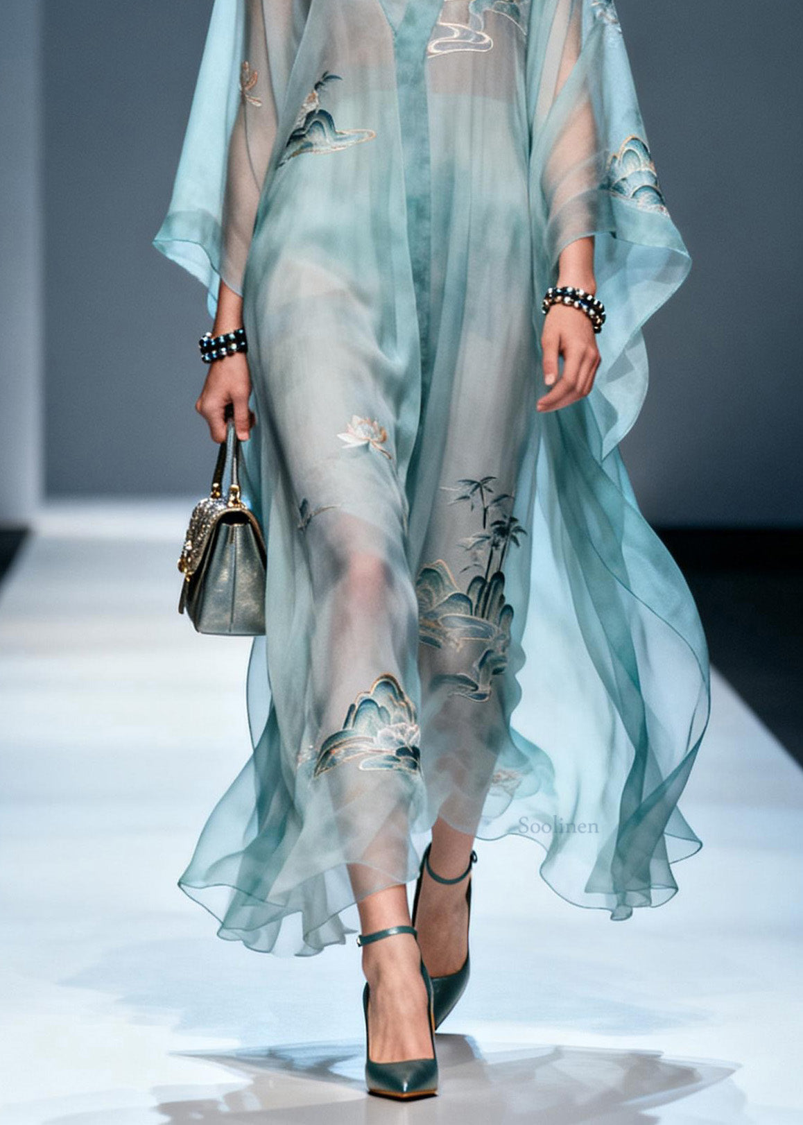 V Neck Print Chiffon Long Dress Summer