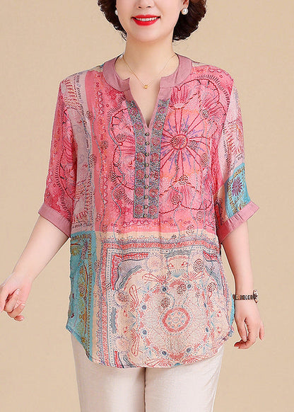 V Neck Print Cotton Blouse Tops Summer