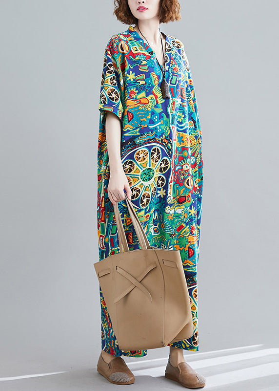 V Neck Print Holiday Long Dress Short Sleeve