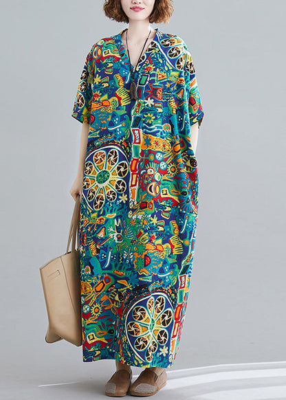 V Neck Print Holiday Long Dress Short Sleeve