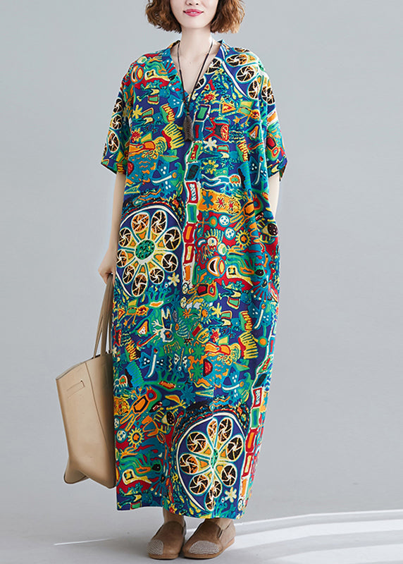 V Neck Print Holiday Long Dress Short Sleeve