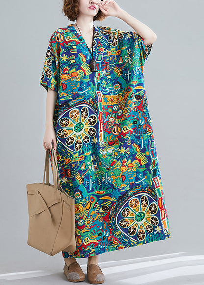V Neck Print Holiday Long Dress Short Sleeve