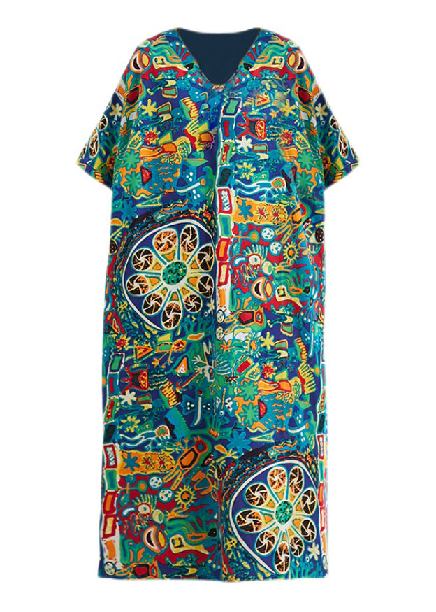 V Neck Print Holiday Long Dress Short Sleeve