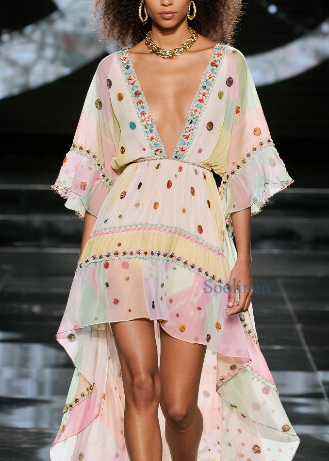 V Neck Print Low High Design Chiffon Dresses Summer