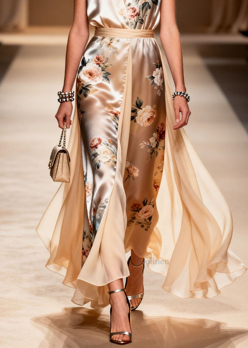 V Neck Print Patchwork Chiffon Dress Sleeveless