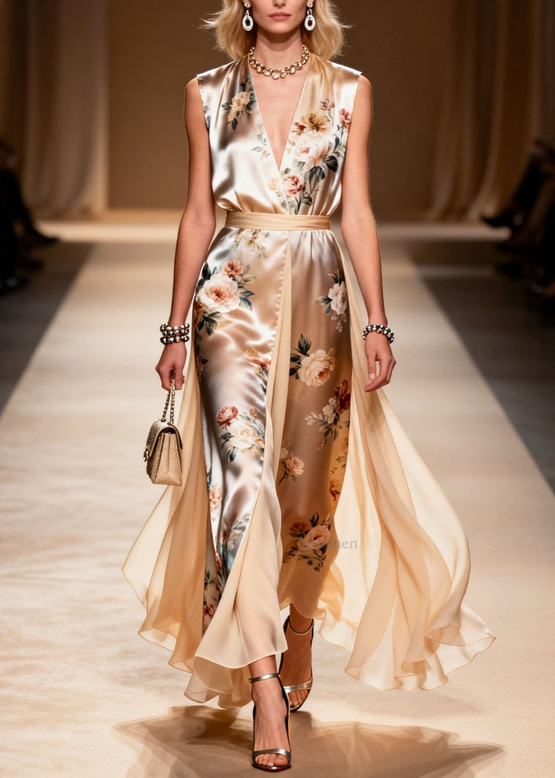 V Neck Print Patchwork Chiffon Dress Sleeveless