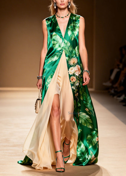 V Neck Print Patchwork False Two Pieces Silk Dress Summer