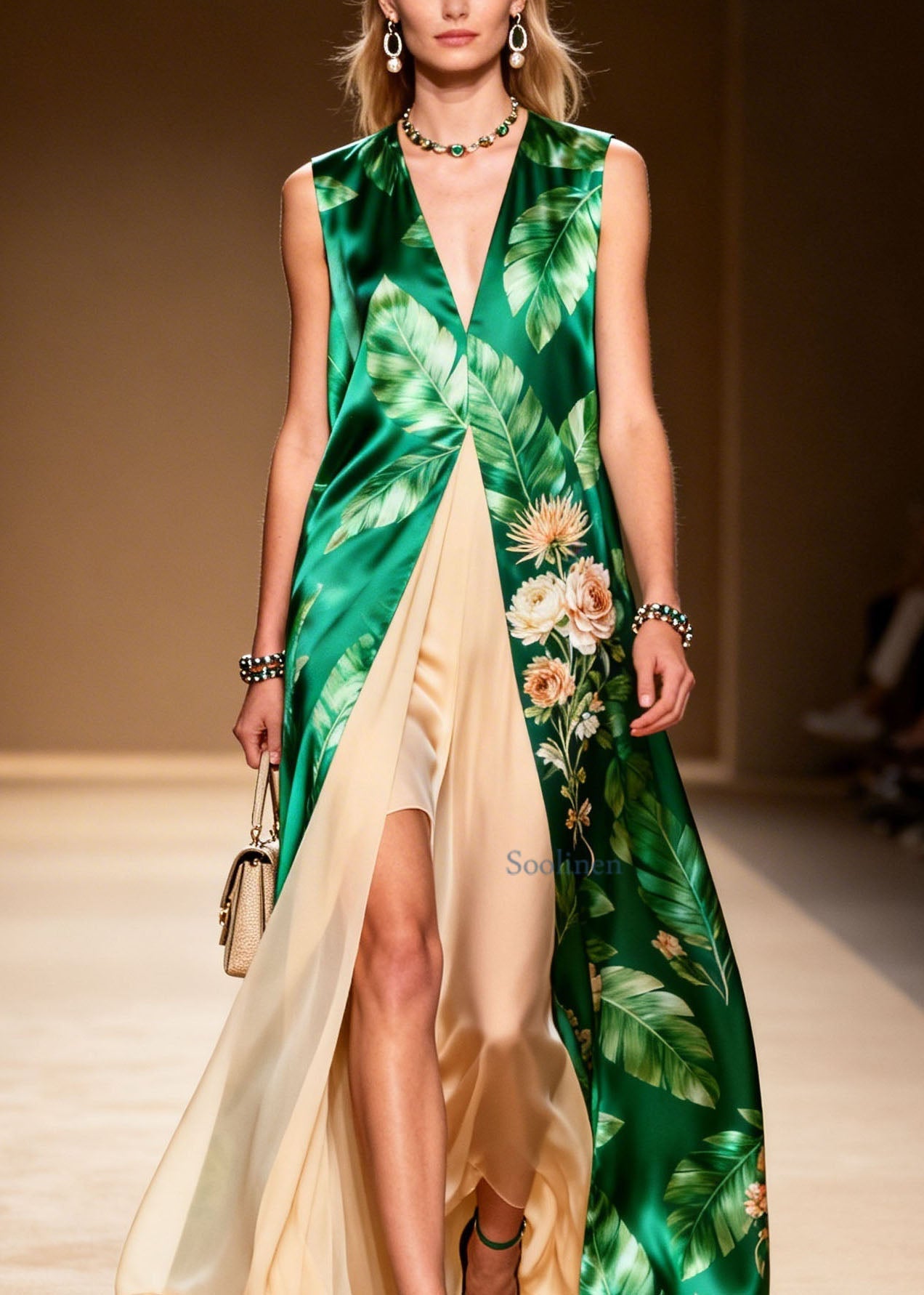 V Neck Print Patchwork False Two Pieces Silk Dress Summer