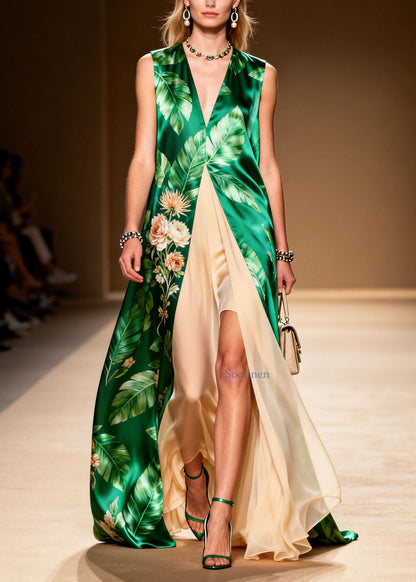 V Neck Print Patchwork False Two Pieces Silk Dress Summer