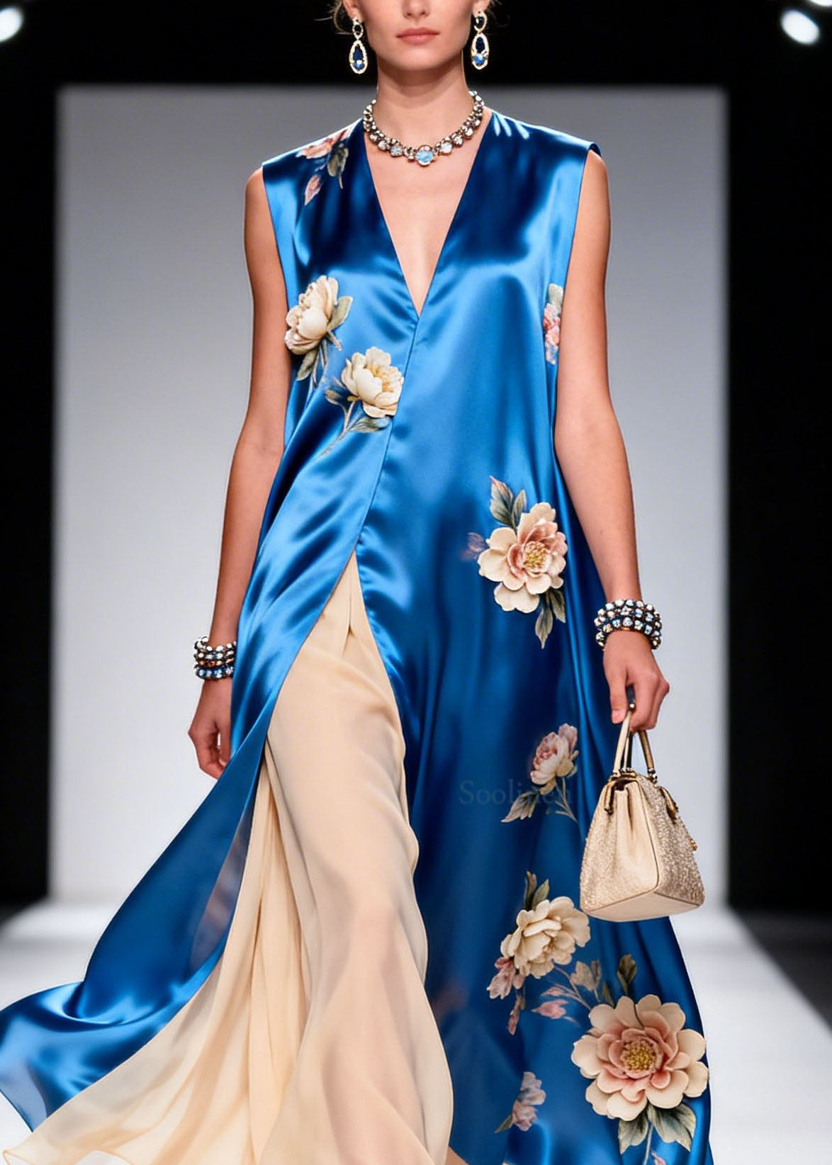 V Neck Print Patchwork Silk Maxi Dresses Sleeveless