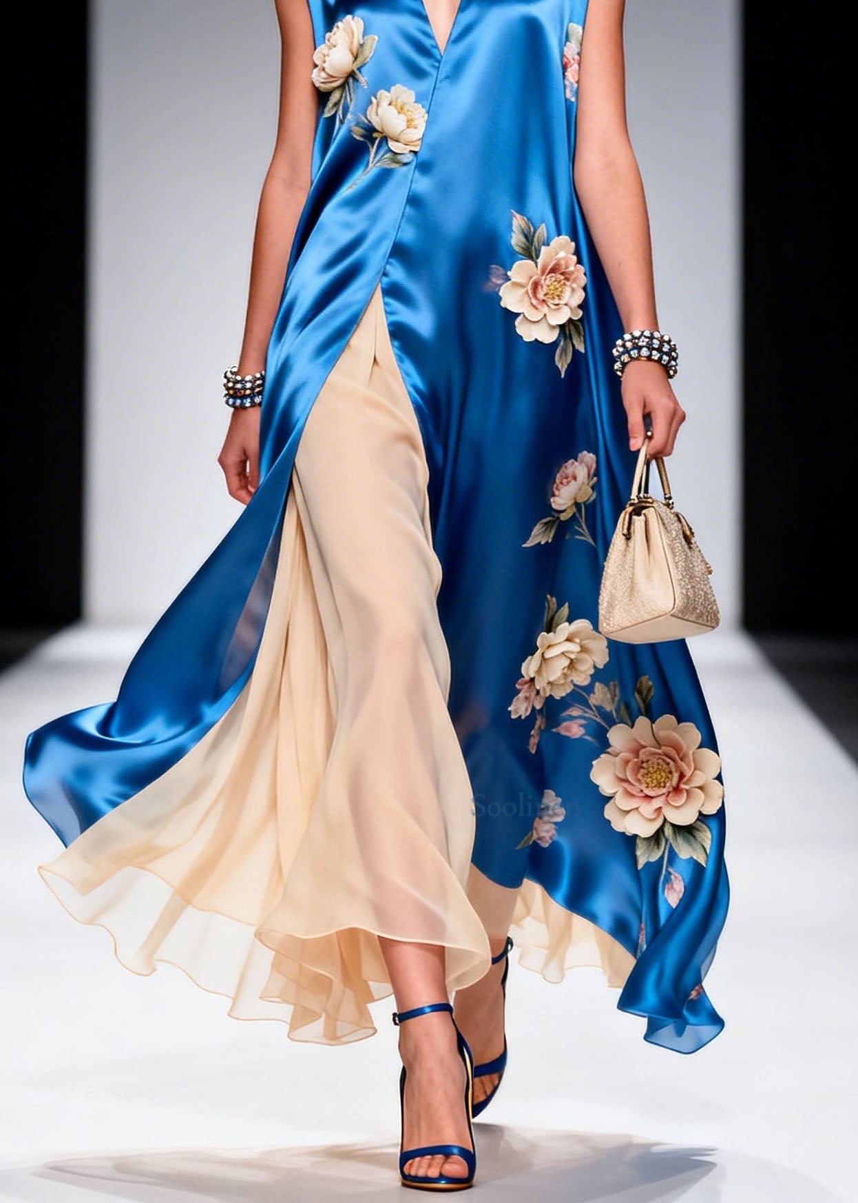 V Neck Print Patchwork Silk Maxi Dresses Sleeveless