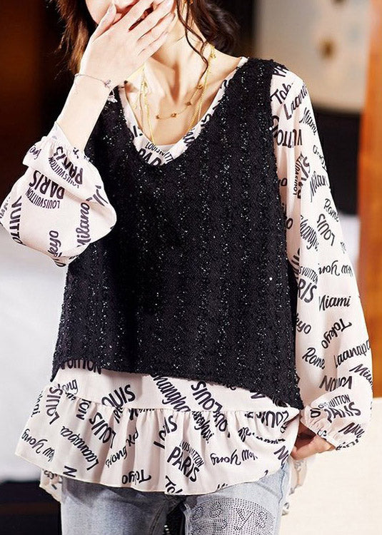 V Neck Print Patchwork Take Two Pieces Shirt Long Sleeve