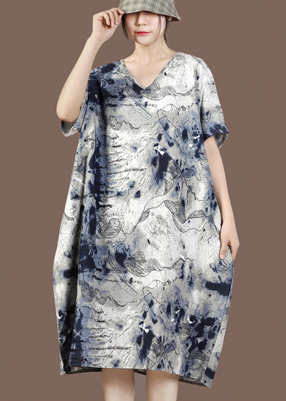 V Neck Print Pockets Dresses Short Sleeve