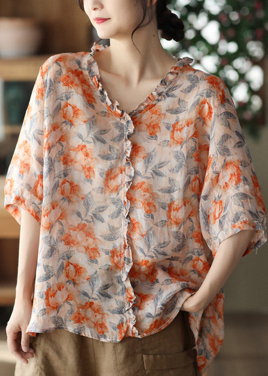 V Neck Print Ruffled Linen Tops Half Sleeve