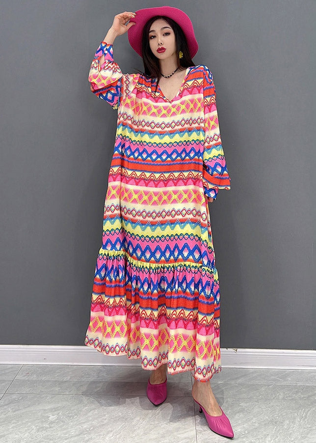 V Neck Print Silk Maxi Dress Long Sleeve