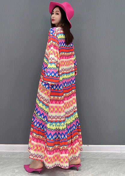 V Neck Print Silk Maxi Dress Long Sleeve