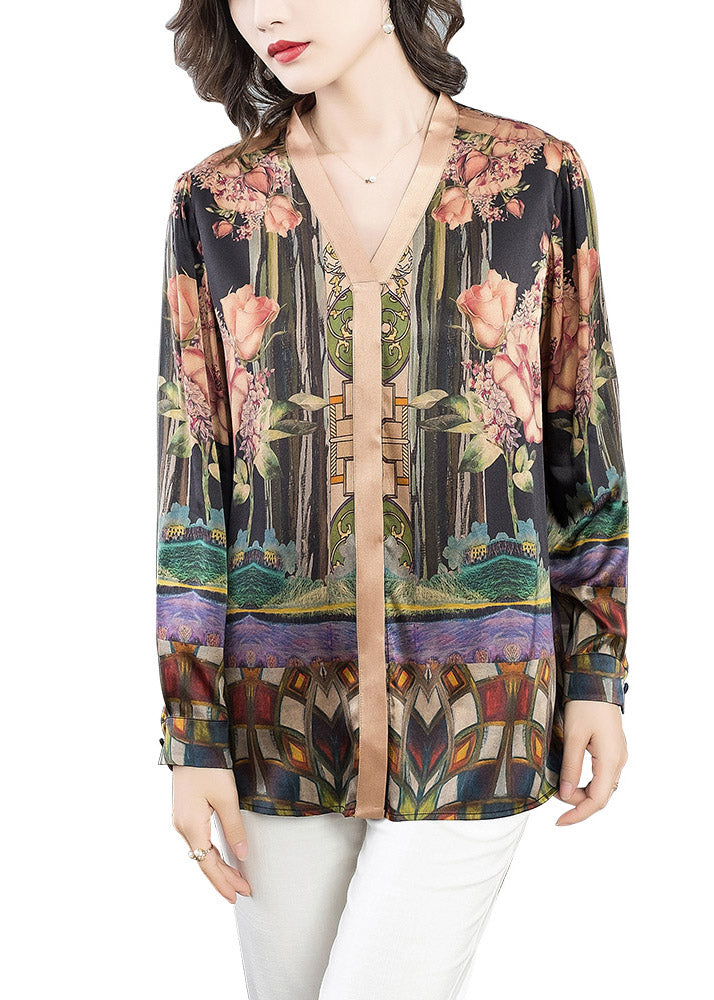 V Neck Print Silk Top Long Sleeve