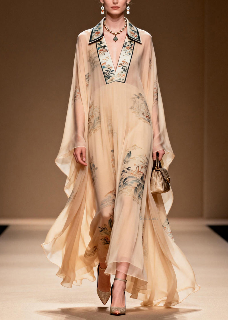 V Neck Print Wrinkled Chiffon Dress Spring