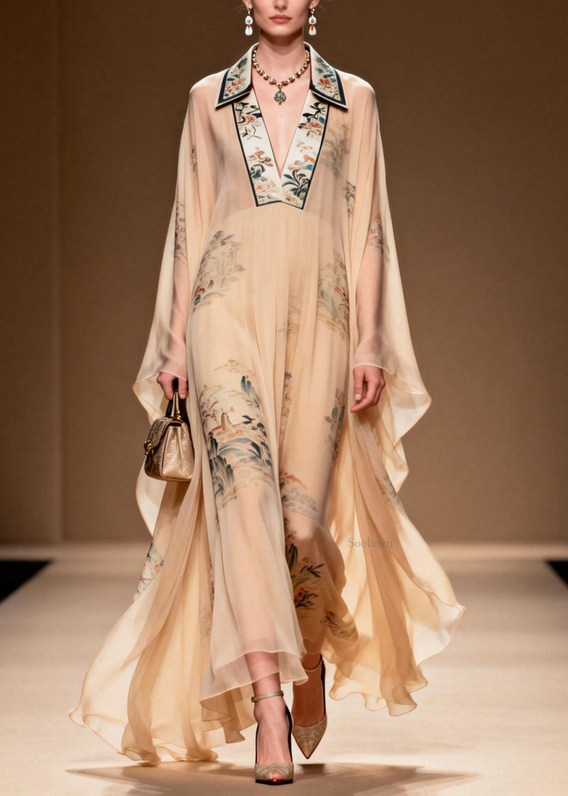 V Neck Print Wrinkled Chiffon Dress Spring