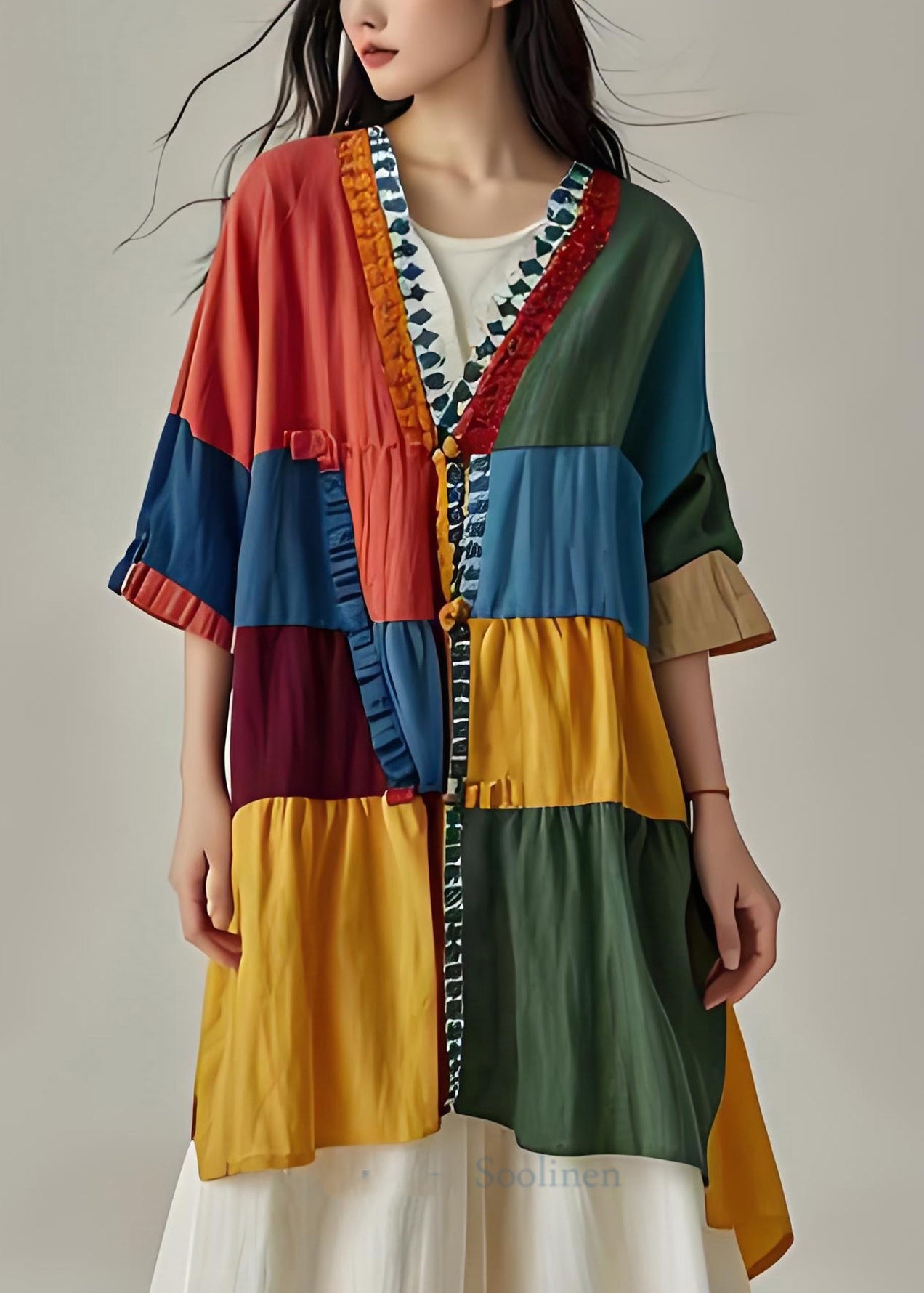 V Neck Ruffled Patchwork Cotton Cardigans Coat Summer
