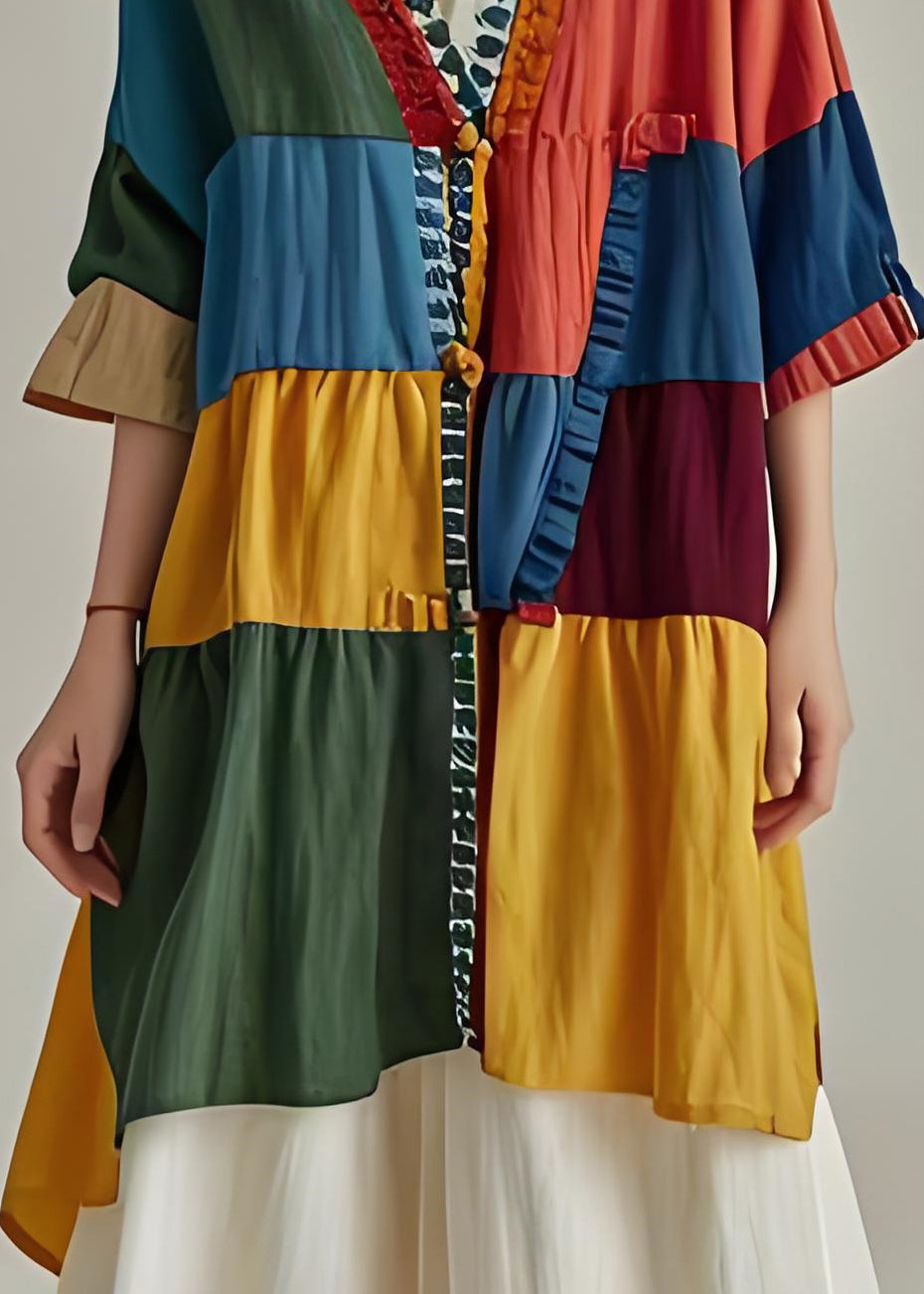 V Neck Ruffled Patchwork Cotton Cardigans Coat Summer