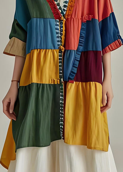V Neck Ruffled Patchwork Cotton Cardigans Coat Summer