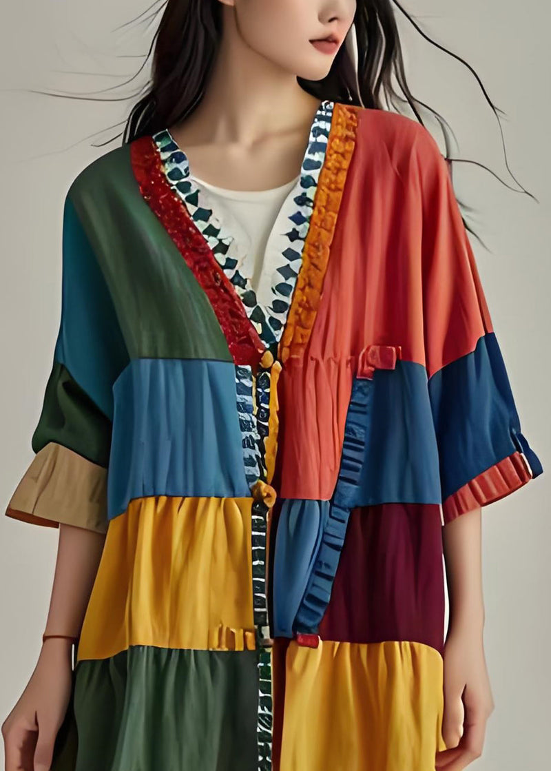 V Neck Ruffled Patchwork Cotton Cardigans Coat Summer