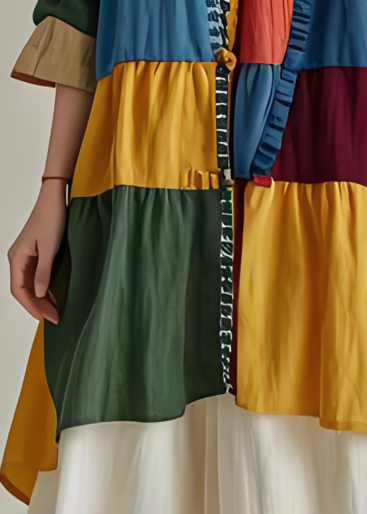 V Neck Ruffled Patchwork Cotton Cardigans Coat Summer