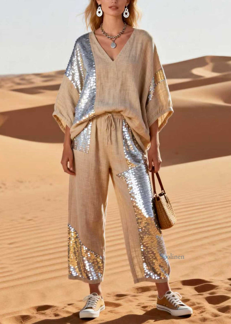 V Neck Sequins Patchwork Linen Two Piece Set Spring